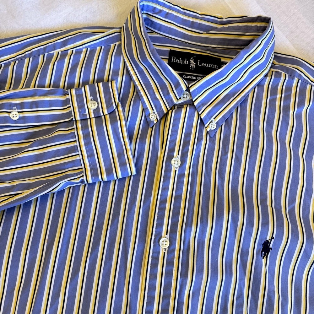 Ralph Lauren Button Down Shirt Men XL Blue Yellow Stripe Classic Fit Long Sleeve